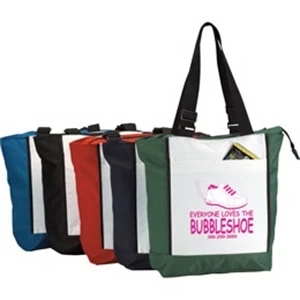 Two Tone Polyester Zippered Tote Bag With White Front Pocket And Adjustable Strap