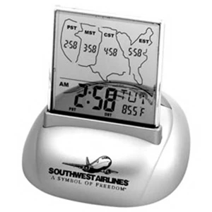 Atomic Clock - Atomic Alarm Clock With Calendar And Thermometer On Metallic Silver Base
