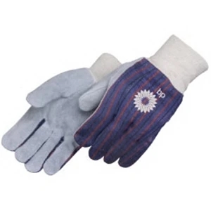 Clute Pattern Split Leather Work Gloves With Canvas Back And White Knit Wrist