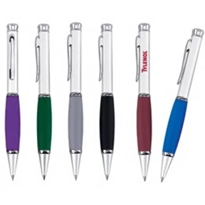 Twist Action Solid Brass Barrel Ballpoint Pen In Satin Silver Finish With Grip