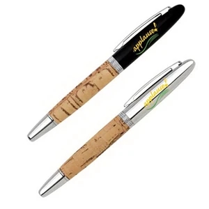 Cap Off Roller Ball Pen With Cork Barrel With Diamond Cut Band In Silver