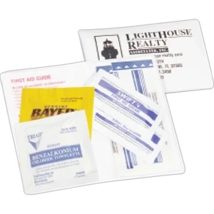 First Aid Kit With Four Adhesive Bandages, Creams And Guide In White Vinyl Case