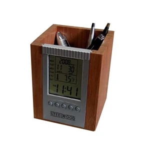 Bamboo Digital Desk Caddy With Clock, Features, Day, Date, Time And Temperature
