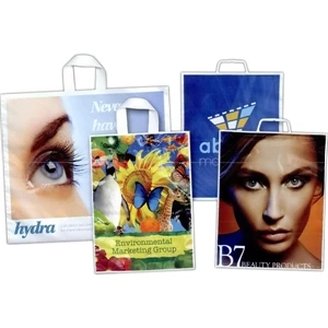 12" X 14" - Full Color, Low Minimum Two Side Plastic Bag With Molded Handle And 3" Gusset