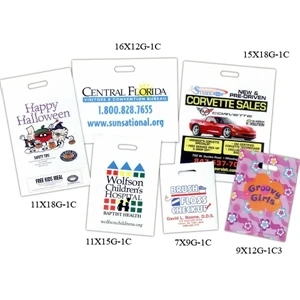 Custom Printed Single Wall 2.0 Mil Plastic Grab Bag With Die Cut Handle., 15" X 18"