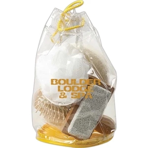 Spa Set In A Clear Vinyl Drawstring Bag With Contrasting Colored Base, Closeout