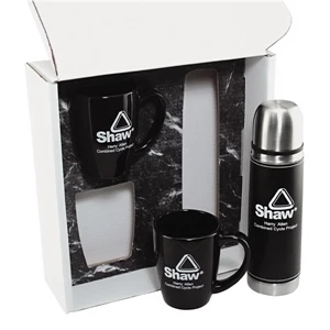 Gift Set With 16 Oz. Black Leather Wrap Thermos And 2-black Ceramic Coffee Mugs
