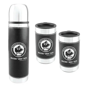 Thermos With Black Leather Wrap And Two 10 Oz. Cups With Black Leather Wrap