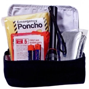 Mini Auto Emergency Kit Includes A Rain Poncho, Blanket, Flashlight & First Aid Kit