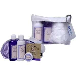 Mesh Case Holds Bath Gel & Lotion, Travel Candle, Almond Soap, & 2 Herbal Teas