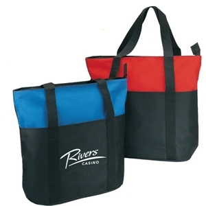 Two-tone Poly Zippered Tote. With Zippered Closure, Interior Slip Pocket, 24" Handle