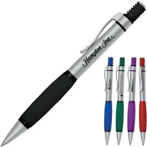 Retractable Ballpoint Pen Features A Matte Silver Brass Barrel And Rubber Trim