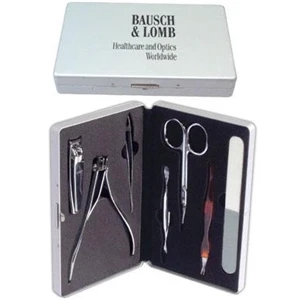 Seven Piece Manicure Set In A Hinged Aluminum Case With Black Felt Lining