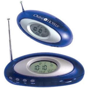 Oval Radio With Clock With Translucent Blue Case With Metallic Silver Trim