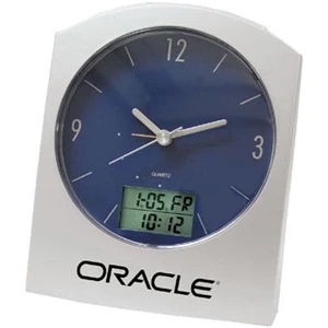 Dual Time Digital And Analog Desk Clock Features A Blue Dial With Silver Hands