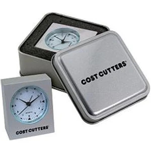 Miniature Cast Aluminum Desk Alarm Clock Set In Steel Tin, Battery Included