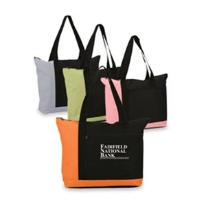 Polyester Two-tone Zipper Tote Bag With Large Front Pocket With Zipper Closure