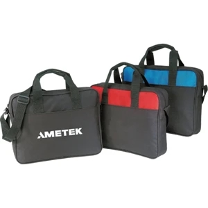 Two Tone Briefcase With Zippered Main Compartment, Front Pocket, And Shoulder Strap