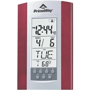 Atomic Calendar Alarm Clock With Rosewood Trim And Thermometer Display