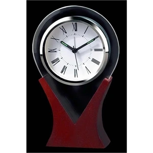 Water Drop Shaped Glass Desktop Alarm Clock With Wooden Base And Roman Numerals