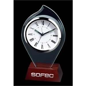 Flame Shape Glass Alarm Clock With Wood Base, Roman Numerals And Second Hand