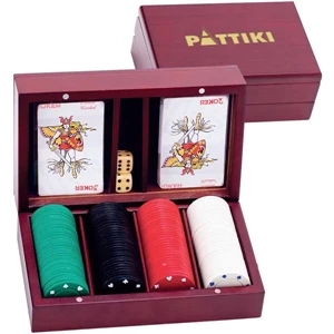 Wooden Game Box Set Includes 2 Decks Of Cards, 2 Dice And 4 X 25 Chips