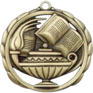 Book And Lamp - Stock Sculptured Medal With Smooth Back And Jump Rings, 2 3/8"