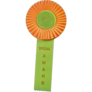Custom Rosette Ribbon With 4 1/2" Diameter Head And 2" X 8" Streamer, 11" Overall