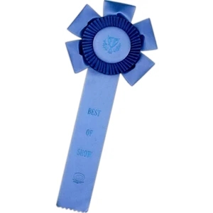 Custom Rosette Ribbon With A 5 3/4" Diameter Head And One 2" X 10" Streamer, 13"