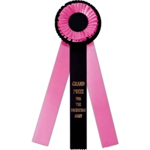 Custom Double Rosette Ribbon With A 5 1/2" Diameter Head, Three 2" X 15" Streamers