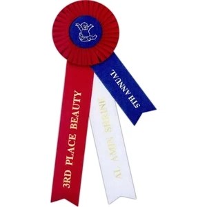 Custom Rosette Ribbon With A 4 1/2" Diameter Head, Two Long And One Short Streamers