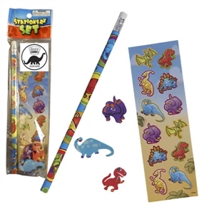Stationery Set; With A Dinosaur Full Size Pencil, Sheet Of Stickers And 3 Erasers