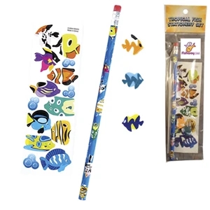 Stationery Set; With Tropical Fish On A Pencil, Sheet Of Stickers And 3 Erasers