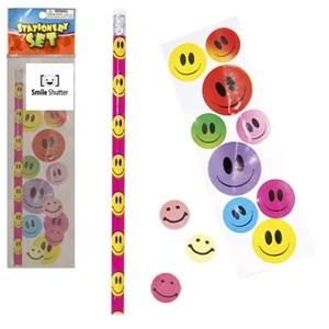 Stationery Set; With Smiley Faces On A Pencil, Sheet Of Stickers And 3 Erasers