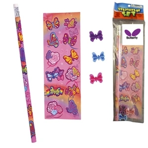 Stationery Set; A Butterfly On A Full Size Pencil, Sheet Of Stickers And 3 Erasers
