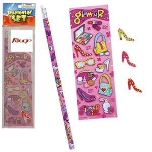 Stationery Set; With A Girly Full Size Pencil, Sheet Of Stickers And 3 Shoe Erasers