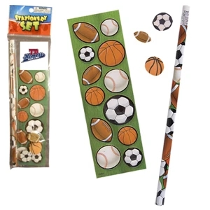 Stationery Set; With Sport Balls On A Pencil, Sheet Of Stickers And 3 Erasers