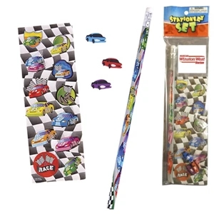 Stationery Set; With Racing Cars On A Pencil, Sheet Of Stickers And 3 Erasers