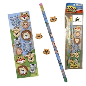 Stationery Set; With Zoo Animals On A Full Size Pencil, Sheet Of Stickers & Erasers