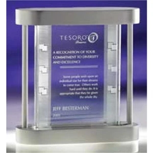 Plaque Award With A Lacquered Wood Base, Aluminum Columns And Etched Textures