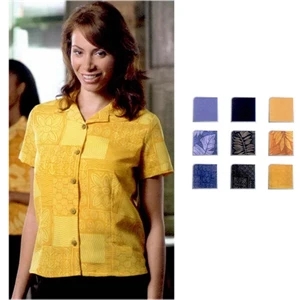 South Sea - Women's Geometric Print Short Sleeve Camp Shirt With Coconut Buttons. Close Out