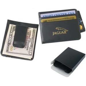 Black Money Clip Wallet In Leather With Two Credit Card Slots. Close-out