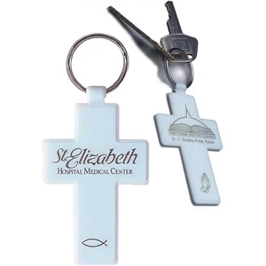 Cross - White Cross Shape Key Tag, With Tempered Spring Steel Split Ring