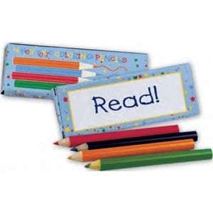 Four Sharpened 3 1/2" Coloring Pencils; Red, Blue, Orange And Green. Imprinted