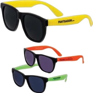 Inexpensive Economy Sunglasses. Black Frames And Assorted Color Temples. Imprinted