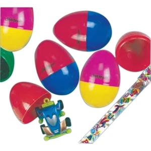 2 1/2" Plastic Easter Egg With Assorted Tatoos, Stickers, Rings, Etc. Imprinted