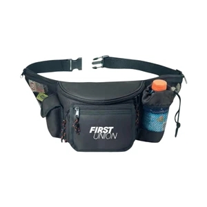 Polyester 600 Denier 7 Zipper Fanny Pack With Bottle Holder And Cell Phone Pouch