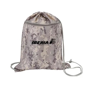 Digital Camo Drawstring Tote Bag With Zipper, Polyester With Polyurethane Coating