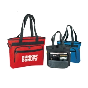 Polyester Zippered Tote Bag With Briefcase And Heavy Vinyl Backing, 16" X 14" X 5"