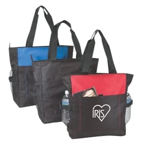 Embroidery - Polyester Zipper Tote Bag With Side Mesh Pockets And 24" Handles